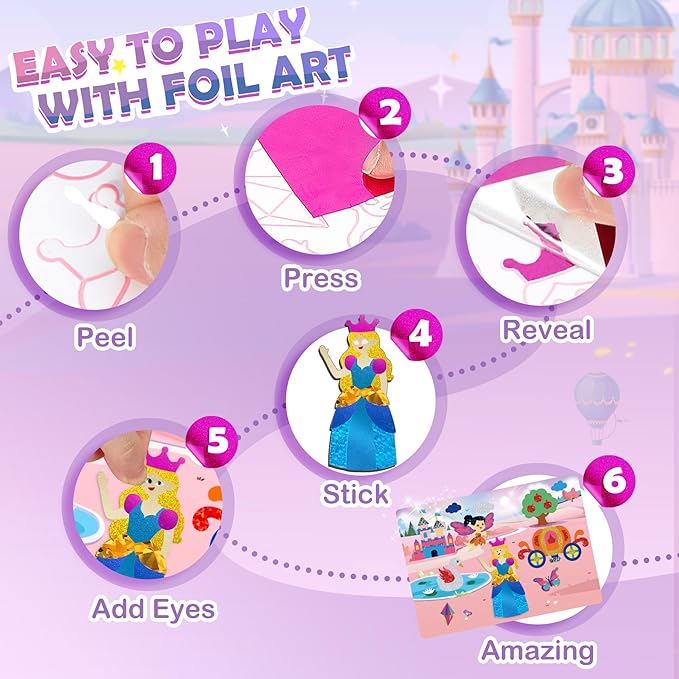Foil Arts and Crafts for Kids Ages 4-8, No Mess Princess Fun Foil Art Craft Supplies Kits, DIY Creative Activity Travel Toys, Sticker Coloring Books, Gifts for 4 5 6 7 8 9 10 Year Old Girls Boys