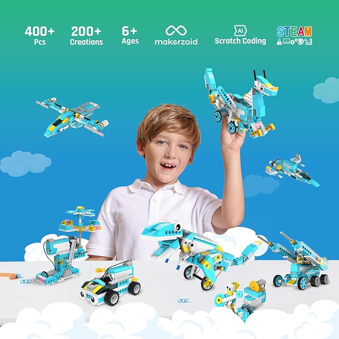 Makerzoid Coding Robot Kit for Kids, 200-in-1 RC Robot Building Toys with Motor Sensor,Scratch JR Coding Set with 36 Video Courses, Birthday Childrens' Day Gift for Kids 6+ (400+ Blocks)