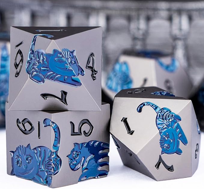 Metal DND Cat Dice 7PCS Polyhedral RPG Dice Set with Gift Case for Dungeons Dragons Role Playing Game, D and D Dice D6 D8 D10 D12 D20 D% (Grey Blue)