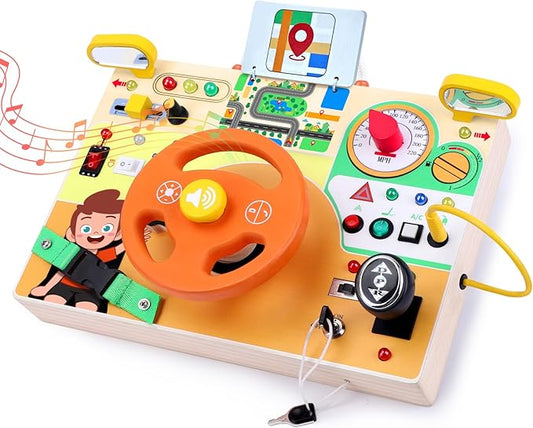 Busy Board,Montessori Toys for 1-3 Years Old, Wooden Toddler Toy, Autism Sensory Travel Toys, Ideal Gift for 1+ Year Old Boys (Busy Board v6)