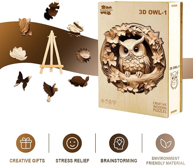 Wooden Puzzles for Adults, Unique Animal Shaped Owl Adult Puzzle, 3D Vision Wooden Jigsaw Puzzles Adult, Challenging Creative Gifts Family Games 13.4 * 13.4in 300pcs