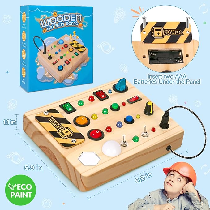 HONGDDY Wooden Sensory Busy Board for Toddler, Airplane-shaped Montessori Music Toy, Light Switch Activity Toy for Boys & Girls
