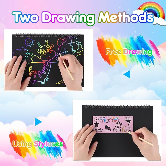 6 Packs Rainbow Scratch Notebook, Scratch Art for Kids with Reusable Cleaner Tool, Mess-Free Crafts for Kids Ages 4-8, Travel, Party, Art Supplies, DIY Gifts for 4 5 6 7 8 9 Year Old Girl Boy