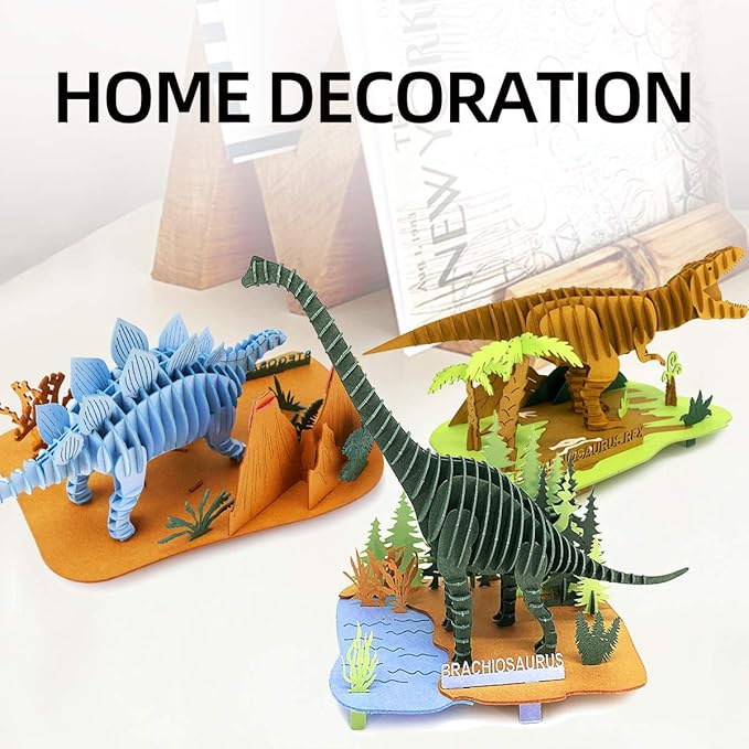 3D Paper Puzzle, 3 Assorted Dinosaurs, Premium Cardboard Models, DIY Kit for Child, Educational Craft -Rex, Stegosaurus, Brachiosaurus Puzzles