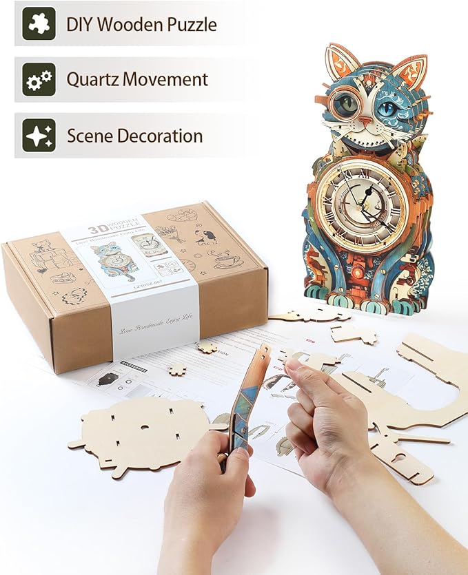 3D Wooden Puzzles for Adults, Detective Cat Clock with Pendulum Model Kit, 3D Puzzles for Adults Room Home Decor DIY Wall Clock Kit, Holiday Birthday for Men Women Teens