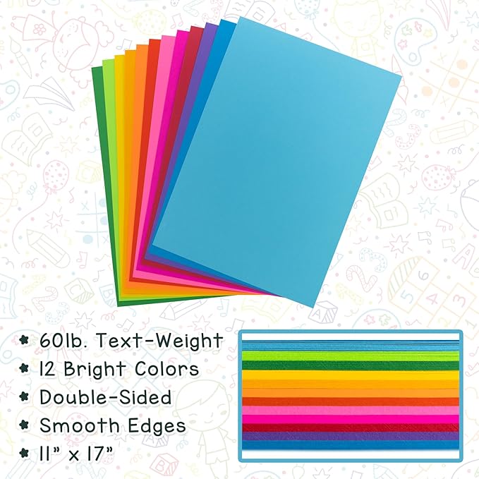 Hygloss Assorted Bright Colored Paper - 24 lb, 89 GSM, Acid-Free, Fade-Resistant, 11x17-Inch Ledger Size Color Copy Paper, 144 Sheets, 12 Colors