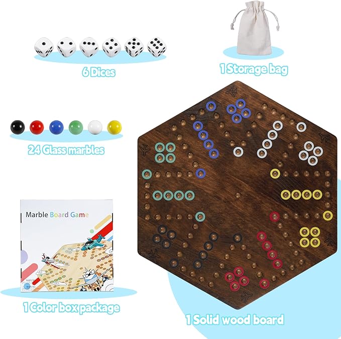Wahoo Board Game - 23.6 inch Marble Game Board with 24 Glass Marbles and 6 Dice,Solid Wood Double-Sided Game Board for 4 or 6 Players - Family and Party Game