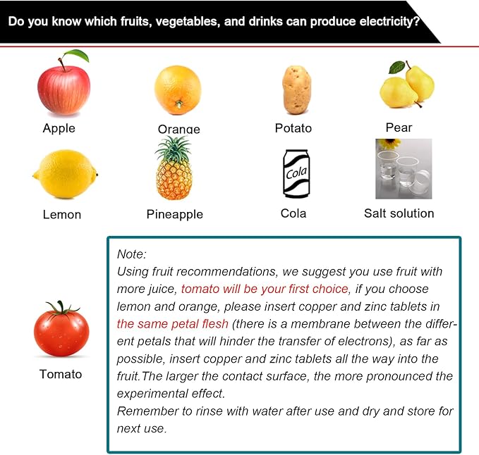 EUDAX Fruit Battery Science Experiment Kit for DIY School Home Teaching Equipment, Orange Lemon Potato Electronic Clock Science Project Kit Physics Educational for Students Teachers (4 Set)