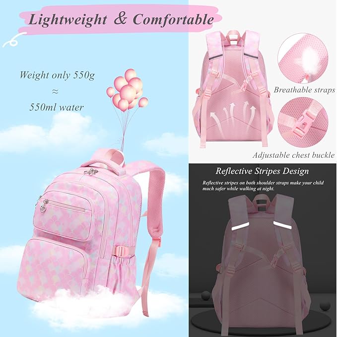 3Pcs Kids Backpack Set for Girls with Matching Lunch Bag, Girls School Bag Backpack for Kids