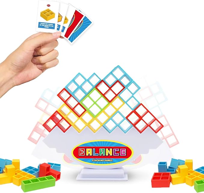 FAVANTIME 48pcs Stacking Game Tetra Balance Tower Stacking Blocks Board Games for 1-4 Players Family Games for Kids, Adults, Party, Travel Team Building Blocks Toy