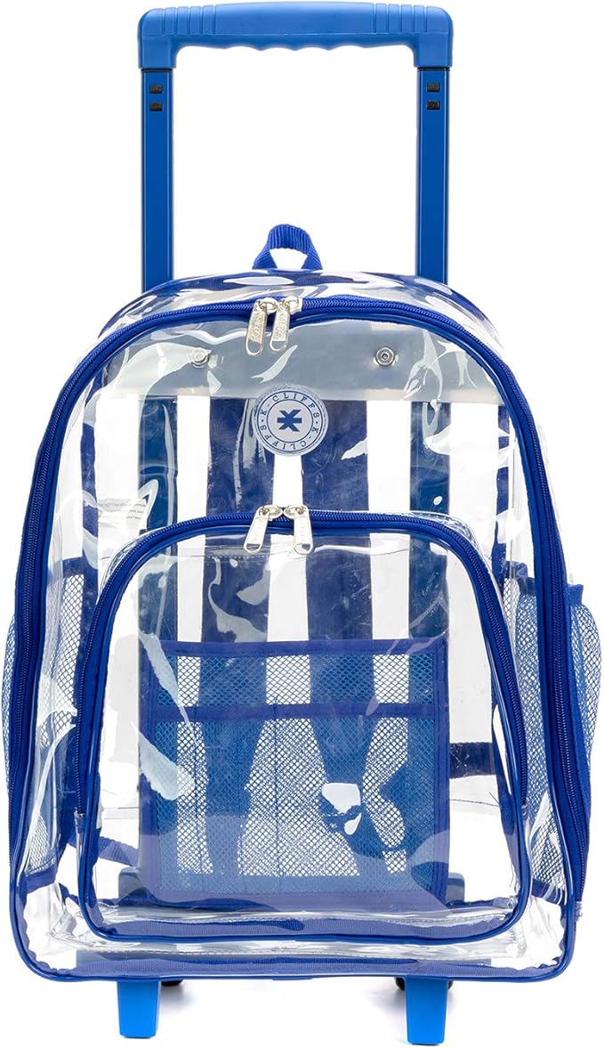 K-Cliffs Rolling Clear Backpack Heavy Duty Bookbag Quality See Through Workbag Travel Daypack Transparent School Book Bags w/Wheels