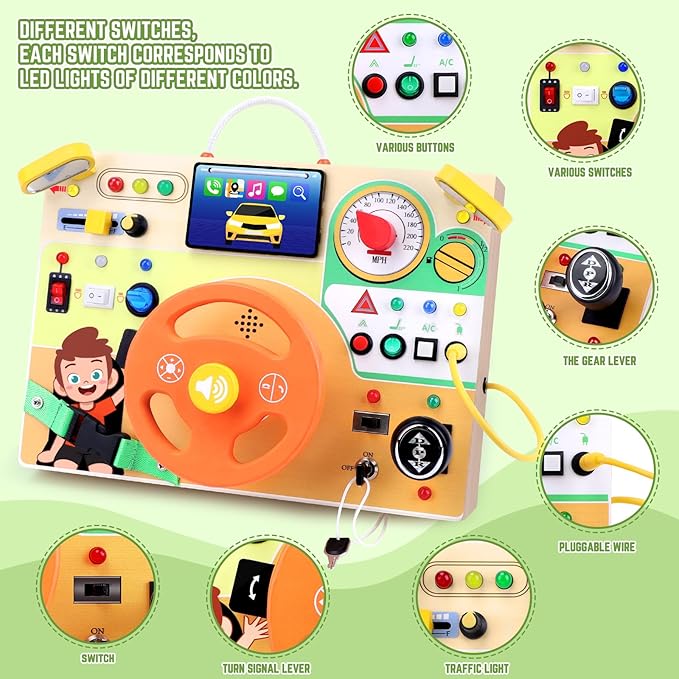 Toddler Toys Montessori Busy Board for 1+ Year Old Boys & Girls Steering Wheel Driving Simulation Toy Travel Activities for Toddlers 1 2 3 4+ Year Old Sensory Toys