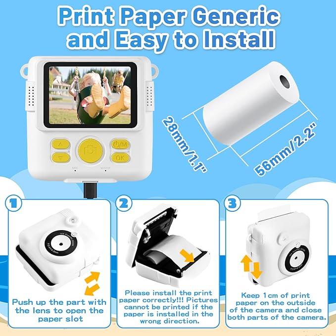 Instant Print Camera for Kids with 3 Rolls of Printer Paper, 1080P Toddler Digital Camera Toys for Age 3-12 with 32GB SD Card, Christmas & Birthday Gifts for 3 4 5 6 7 8 Year Old Girls & Boys (White)