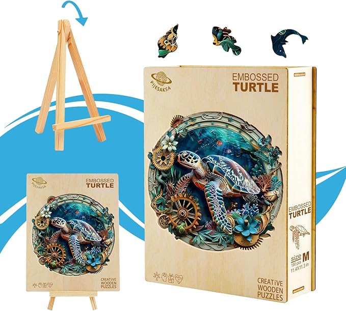 Wooden Puzzles for Adults, Embossed Sea Turtle Puzzle for Adults, Unique Shaped Wooden Jigsaw Puzzle, Wood Puzzles Adult, Fun Gifts for Friends & Family, Wall Art Canvas (S-8.5 * 8.4in-100 pcs)