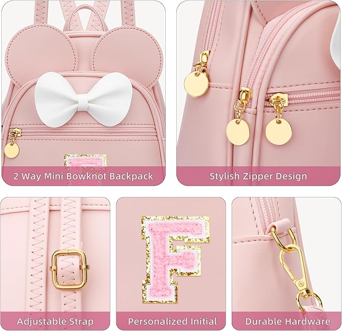 KKXIU Girls Initial Bowknot Cute Mini Backpack for Toddler, Travel Small Girl Backpacks, Personalized Trendy Stuff Gift for Little Girls and Kids(F, Pink)