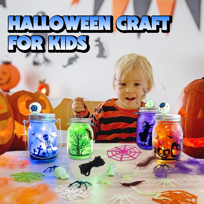 Shemira Halloween Craft Kit for Kids, 4 pcs Glass Mason Jar with Accessories for DIY Lantern Jar, Halloween Art & Craft Party Supplies, Art Activities