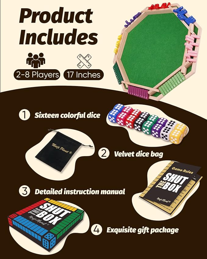 Deluxe 2-8 Player Original Shut The Box Game, Math Dice Board Game for Family Night Classroom Travel, Wooden Classic Table for Group Kid Adult Senior Travel Party Bar Easy Quick and Fun