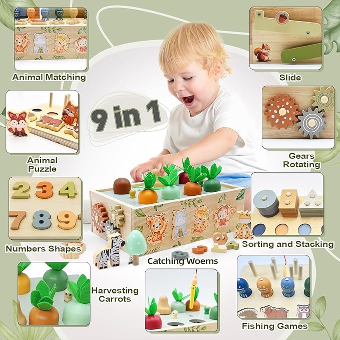 Montessori Wooden Toys for 1+ Year Old, 9 in 1 Montessori Toddler Toy with Preschool Educational Toys for 2+ Year Old, Birthday for Boys Girls Aged 1 2 3 4 Years