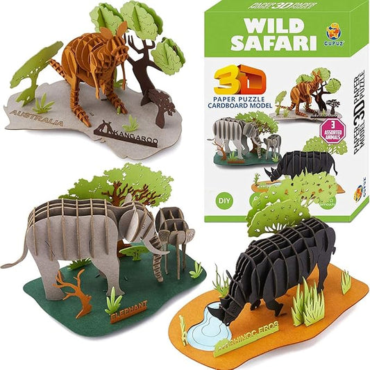 Paper 3D Puzzle, 3 Assorted Wild Animals, 3D Cardboard Models, DIY Kit for Child, Education Craft-Kangaroo, Elephant, Rhinoceros Puzzles