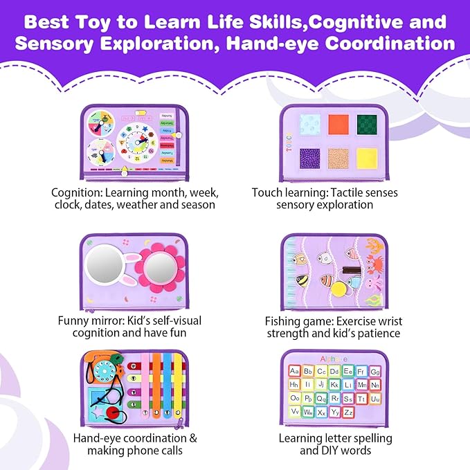 Busy Board Montessori Toys for Toddlers 1-3, Birthday Gifts for 1 2 3 4 Year Old Girl, Autism Sensory Travel Toy, Educational Activity Book Board for Learning Fine Motor Skills Toys, Purple