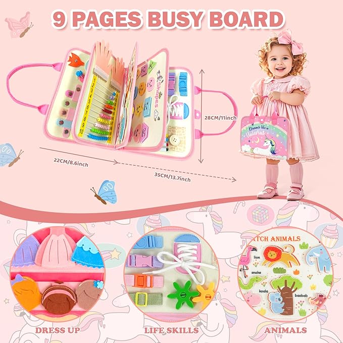 Toddler Busy Board Montessori Toys for Girl Birthday Gift,Educational Learning Sensory Busy Book, Airplane Car Travel Activities Toy for Girl(Pink)
