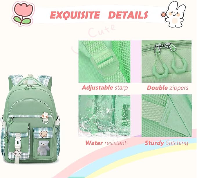 Girls Backpack,Cute School Backpack for Girls Kids Teens,Kawaii Bookbag for Primary Elementary,Green