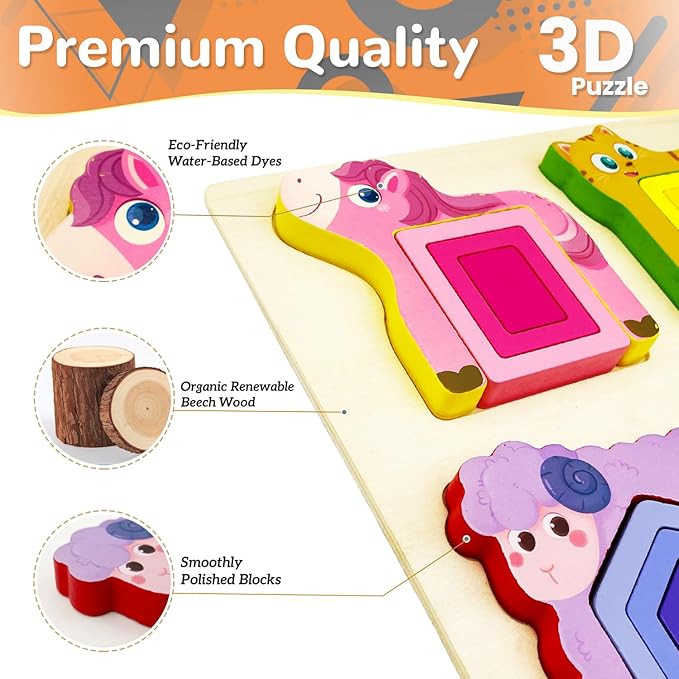 Wooden Montessori Toys for 3 4 Years Old Boys & Girls, Animal Shape Sorter Preschool Learning Toys for Toddlers, Preschool Toddler Puzzles Great Gift Ideas for Kids (Colored-A)