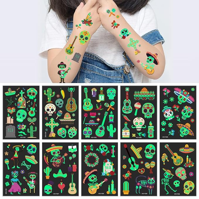 Day of the Dead Luminous Temporary Tattoos for Kids - 100 Pieces Glow In The Dark Tattoos Stickers for Boys and Girls,Sugar,Skeletons,Gemstones,Red Roses Face Makeup Tattoos Set,Holiday Party Gifts