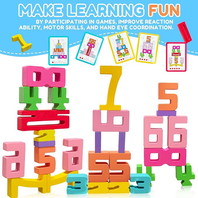 Wooden Number Building Blocks - 20Pcs Stacking for 3+ Years Old Kids, Digital Building Blocks, 1-10 Digital Blocks Toys, Balance Competition Toy, Educational Gift for Boys and Girls