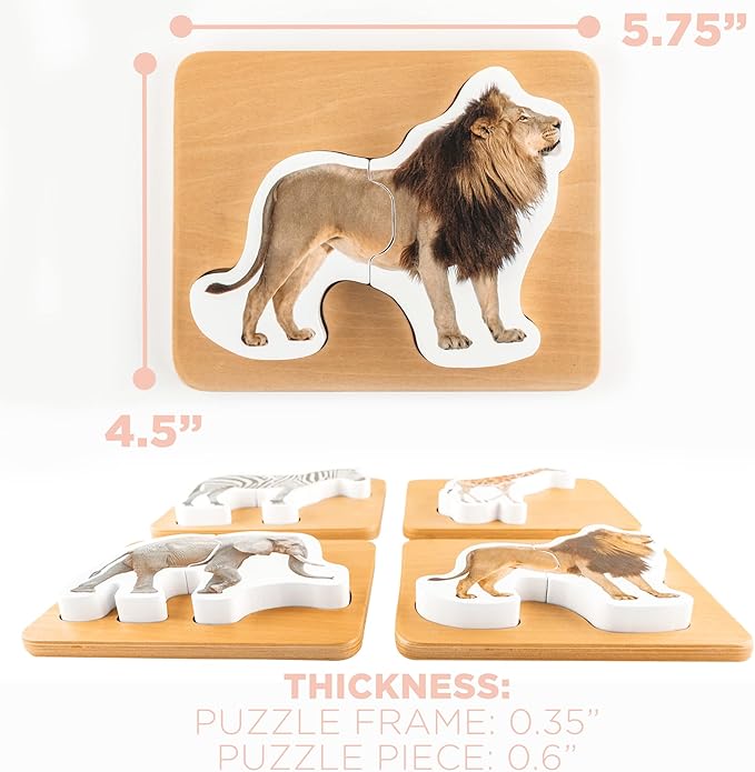 Wooden Montessori Animal Puzzles for Toddlers 2+ Years - Realistic Chunky Safari Animal Shape Puzzle - Educational Learning Toy