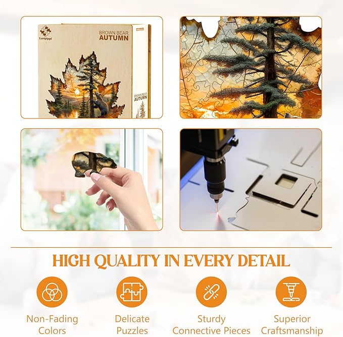 Wooden Puzzles for Adults, Wooden Jigsaw Puzzles for Adults, Brown Bear Autumn Maple Leaf Unique Shaped Wood Puzzles Adult, Creative Gifts for Friends Family Game, Home Decor (13.4 * 12.4in 220pcs)