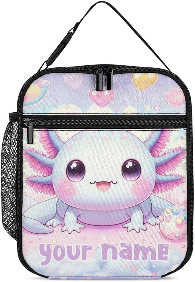 Custom Axolotl Lunch Box - Cute Reusable Axolotl Lunch Bag for Women Men Kids - Small Portable Foldable Insulated Lunchbox for School Work Picnic