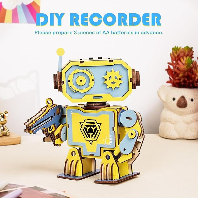 Kosmickiss 3D STEM Wooden Puzzles for Kids, 3D Wooden Models with Voice Recorder, Science STEM Building Kit Creative Craft Toys for Boys Girls Age 8-13 Years Education Birthday Gifts (Yellow Robot)
