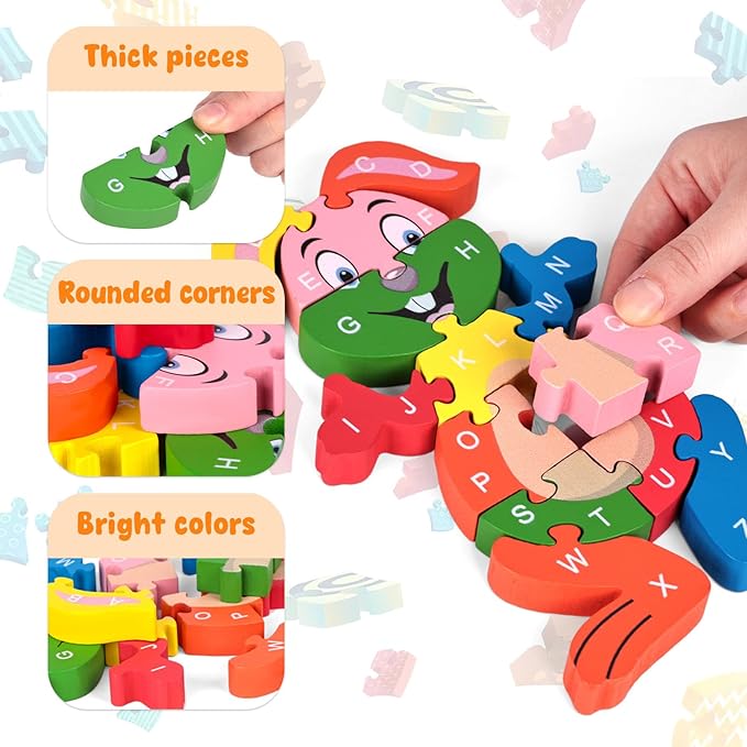 LovesTown Rabbit Wooden Puzzles, 26PCS Alphabet and Number Building Blocks Wood Jigsaw Puzzle for Kids Preschool, Medium