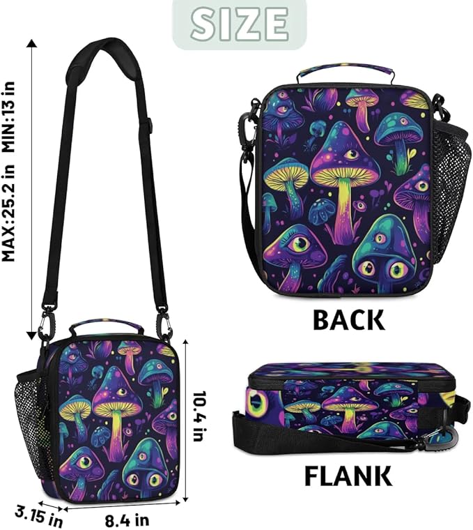 Mushrooms Insulated Lunch Box Kids Reusable Portable Lunchbox Bag with Adjustable Shoulder Strap and Water Bottle Holder for Work School Travel
