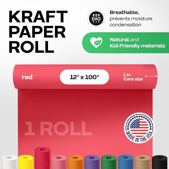 12" x 1200" (100 feet) Red Kraft Paper Roll - USA-Made Quality Craft Paper for Gift Wrapping, Kids' Arts & Crafts, School Projects - 100% Recycled Natural Material 50lb Thickness by IDL Packaging
