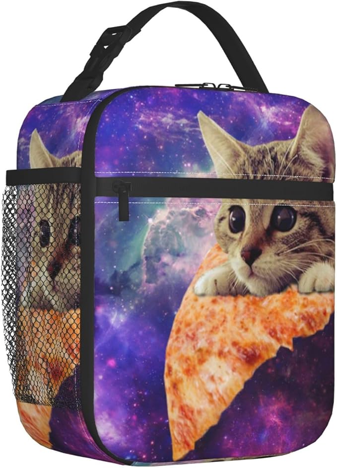Galaxy Pizza Cat Reusable Lunch Box Food Bag Insulated Lunch Bag for Teenage Boys Girls School Beach
