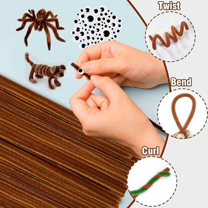 URSDIART (350pcs/Set) Brown Pipe Cleaners and Wiggle Eyes, Solid Color Halloween Chenille Stems Pipe Cleaners Bulk 12 Inch Pipe Cleaners for Crafts DIY Creative, Christmas Decoration Art Supplies