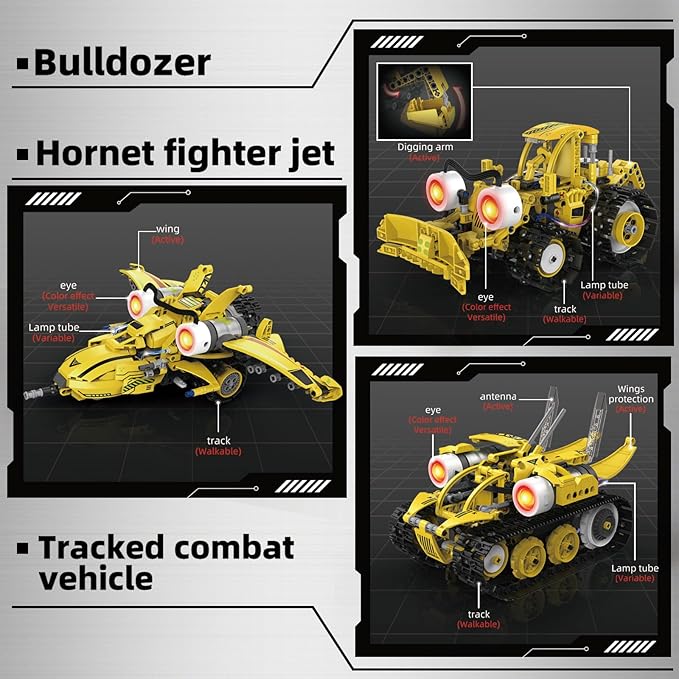 STEM Building Toys for Kids 6-14,5-in-1 Remote & App Controlled Construction Bumblebee Warrior/Powerful Iron Hand/Bulldozer/Hornet Jet/Tracked Vehicle,673 Pcs Building Blocks Set for Boys Girls