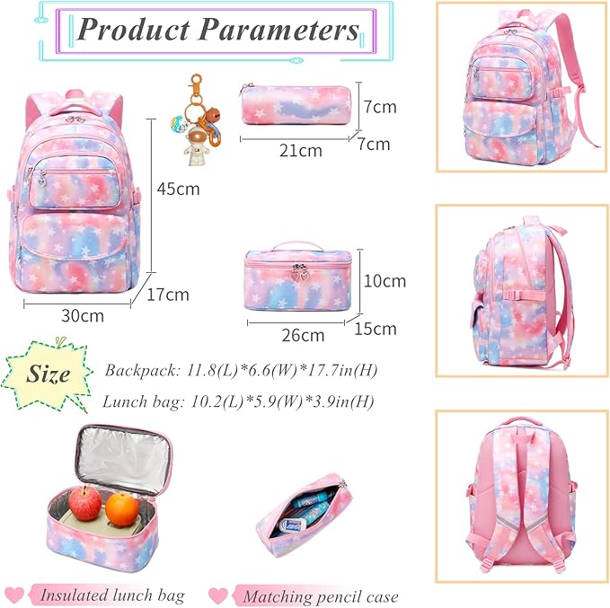 3Pcs Kids Backpack Set for Girls with Matching Lunch Bag, Girls School Bag Backpack for Kids