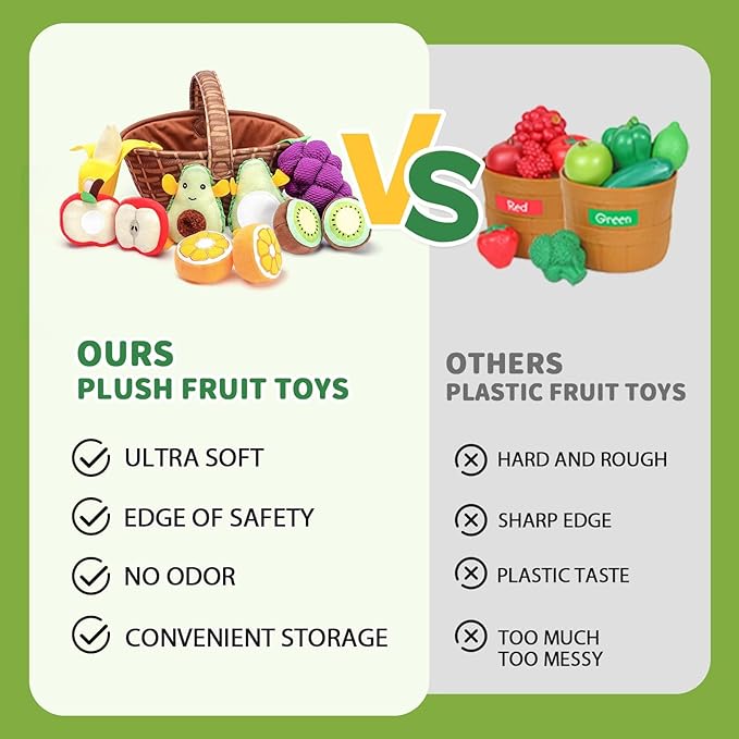 Jollybaby Plush Stuffed Cloth Fruit Food Toy Set for Toddler 1-3, Soft Fruit Basket Montessori Sensory Toy for 1 Year Old, Felt Pretend Fake Food Toy for Baby 0-6-12 Month, Newborn