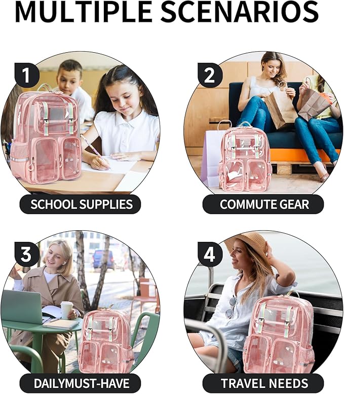 Clear Backpack for School - 17" Transparent Backpacks With Water-Resistant PVC Plastic Material and Ruggedly Reinforced Shoulder Straps, School Bag for Teen Boys Girls Pink