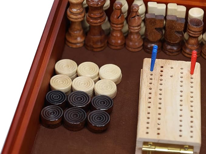 WE Games 7-in-1 Wooden Combo Game Set - Chess, Checkers, Backgammon, Dominoes, Cribbage, Dice & Cards, Walnut Wood 12 inch Combination Board Game Set for Adults