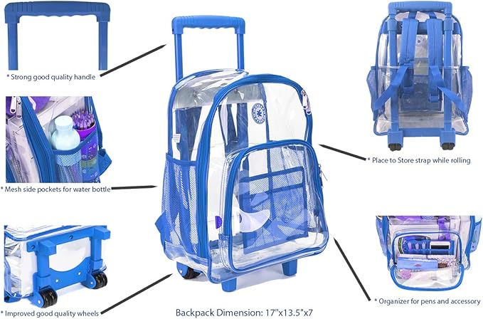K-Cliffs Rolling Clear Backpack Heavy Duty Bookbag Quality See Through Workbag Travel Daypack Transparent School Book Bags w/Wheels