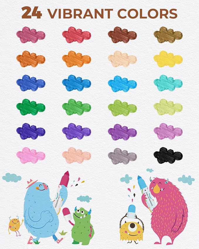 Washable Dual Tip Markers for Kids, Broad & Round Tip, Easy-Grip Design for Little Hands, 24 Vibrant Colors Toddler Markers with Portable Case, Preschool Art Supplies for Kids Toddlers