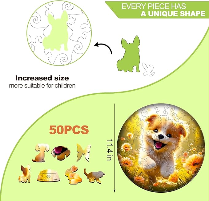 Wooden Puzzles for Kids Ages 4-8, Cute Dog Puzzle, Unique Animal Shaped Wooden Jigsaw Puzzles for Kid, 50 Pieces Puzzles for Kids(50pcs,11.4 * 11.4in)