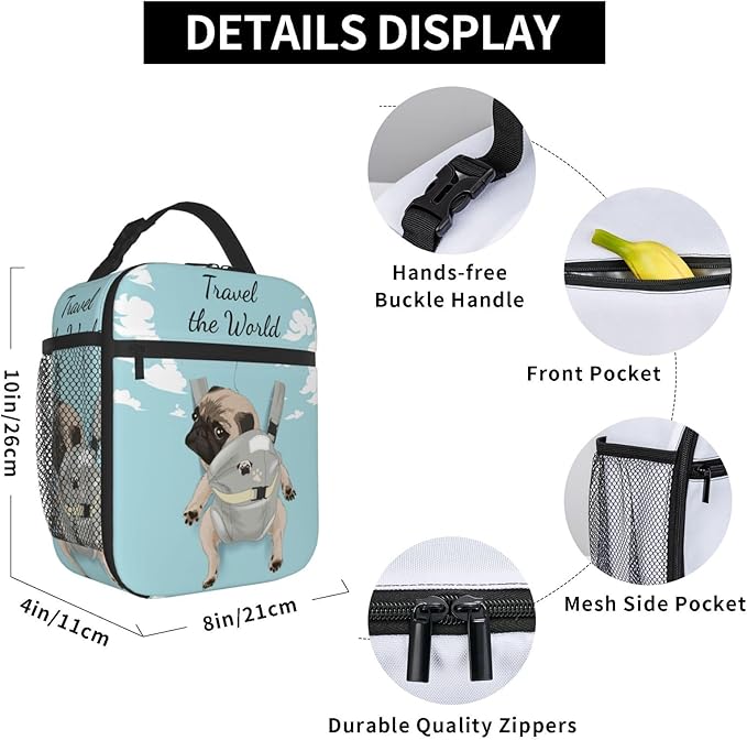 Cute Pet Pug Reusable Lunch Box Food Bag Insulated Lunch Bag for Teenage Boys Girls School Beach
