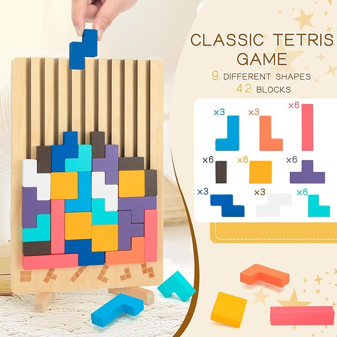 Wooden Stacking Puzzle Toy,3D Colored Wooden Puzzle,Russian Montessori Brain Blocks Puzzles Toys Gift for Boys and Girls,Board Jigsaw Game Toys for Brain Teasers for Toddlers 3-8Years