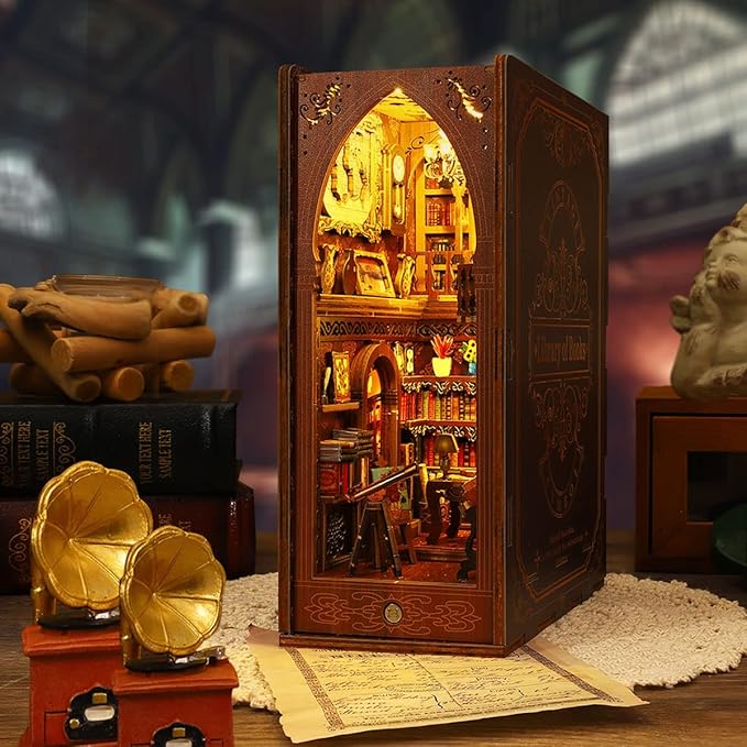 3D DIY Book Nook Kit - DIY Miniature House Kit for Adults, Teens and Beginners, Dollhouse Booknook Library Tiny House Bookshelf Decor 3D Wooden Puzzle, Mini Library of Books Model Build Gift