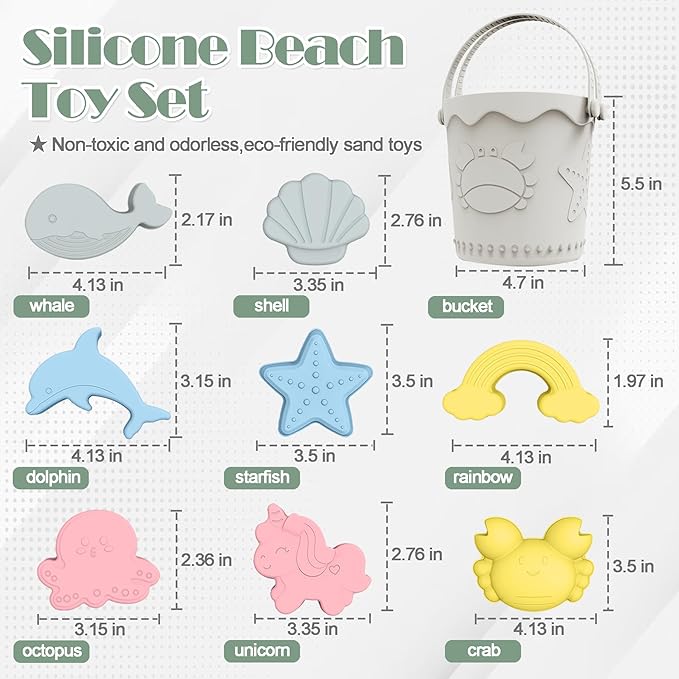 21Pcs Baby Beach Toys, Silicone Beach Toys, Baby Beach Essentials, Travel Friendly Beach Set, 2 Bucket, 2 Shovel, 16 Sand Molds, Beach Bag, Sand Toys for Toddlers 1-3